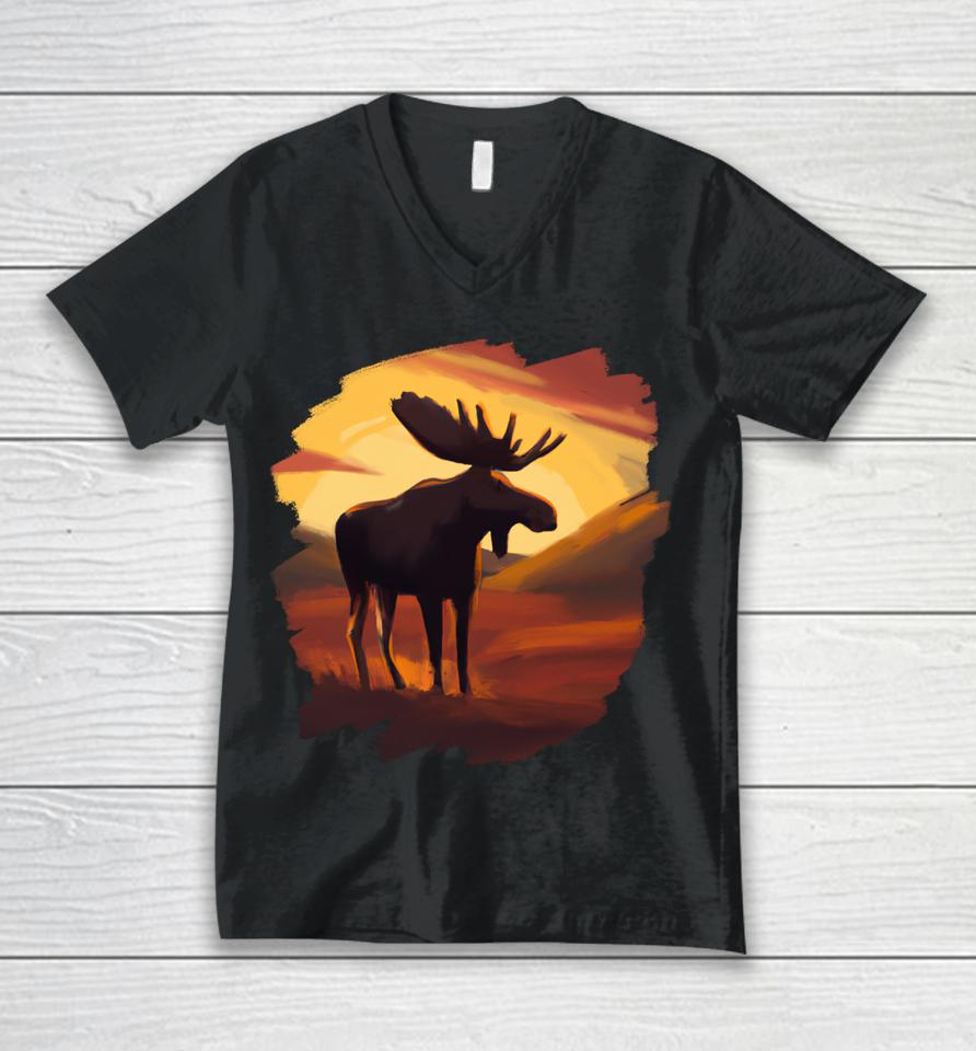Moose Sunset Vintage Retro Art Nature Wildlife Moose Unisex V-Neck T-Shirt