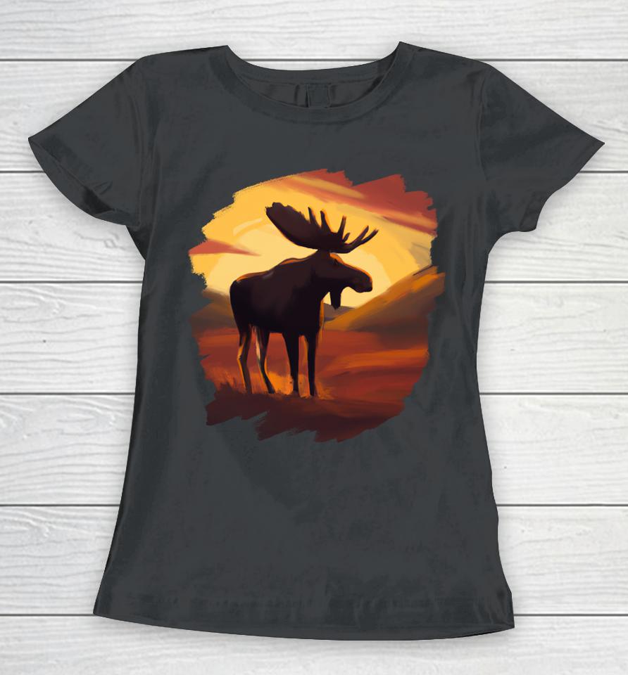 Moose Sunset Vintage Retro Art Nature Wildlife Moose Women T-Shirt