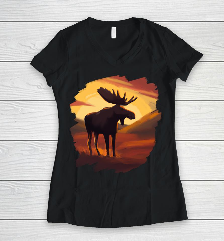 Moose Sunset Vintage Retro Art Nature Wildlife Moose Women V-Neck T-Shirt
