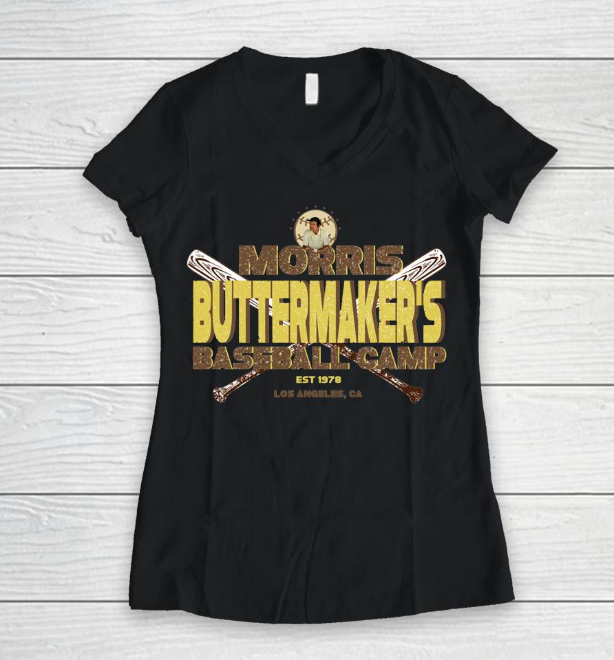 Morris Buttermaker's Baseball Camp Women V-Neck T-Shirt