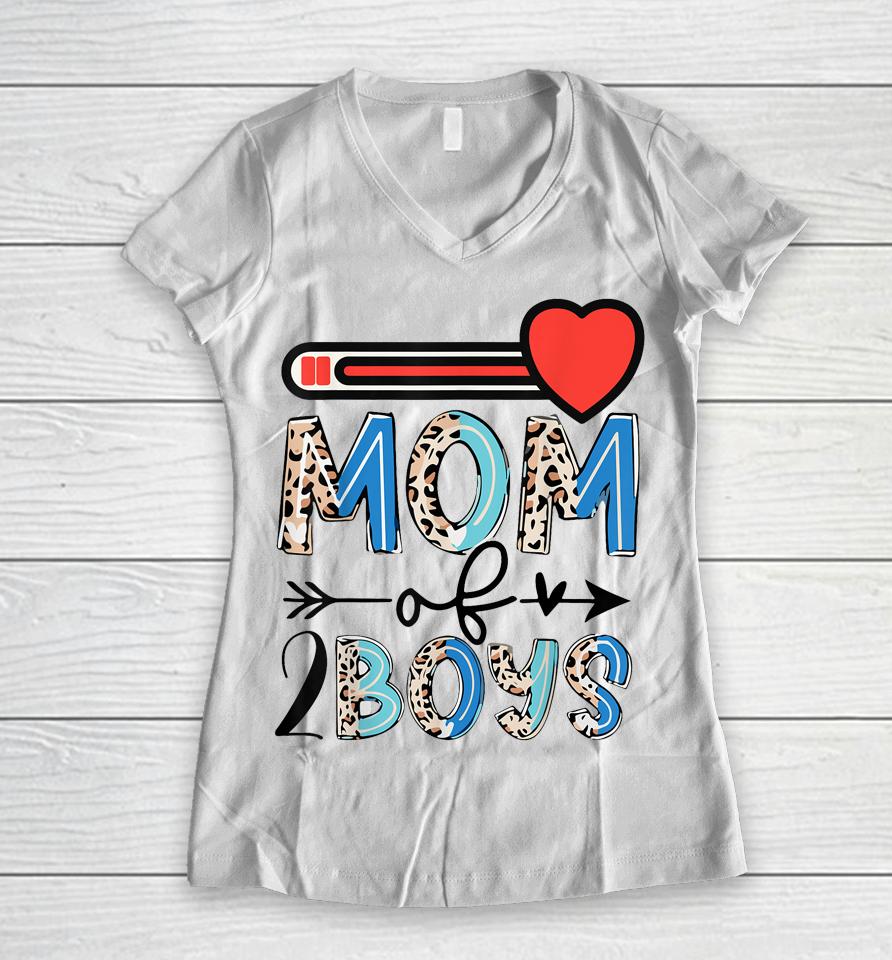 Mothers Day Mom Of 2 Boys Leopard Women V-Neck T-Shirt