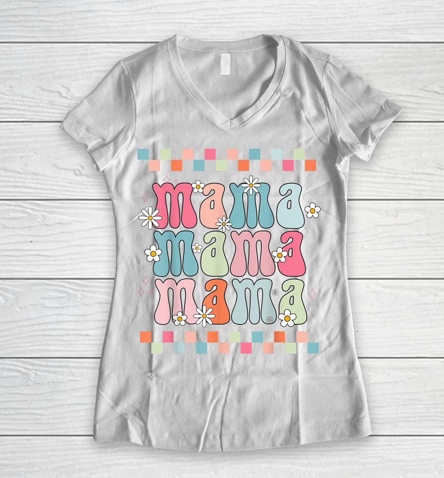 Mothers Day Retro Groovy Mama Matching  Party Women Women V-Neck T-Shirt