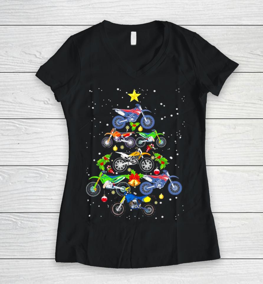 Motocross Merry Christmas Tree Women V-Neck T-Shirt