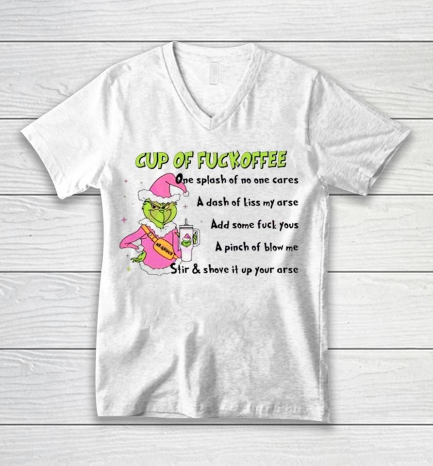Mr Grinch Cup Of Fuckoffee One Splash Of No One Cares Christmas 2023 Unisex V-Neck T-Shirt