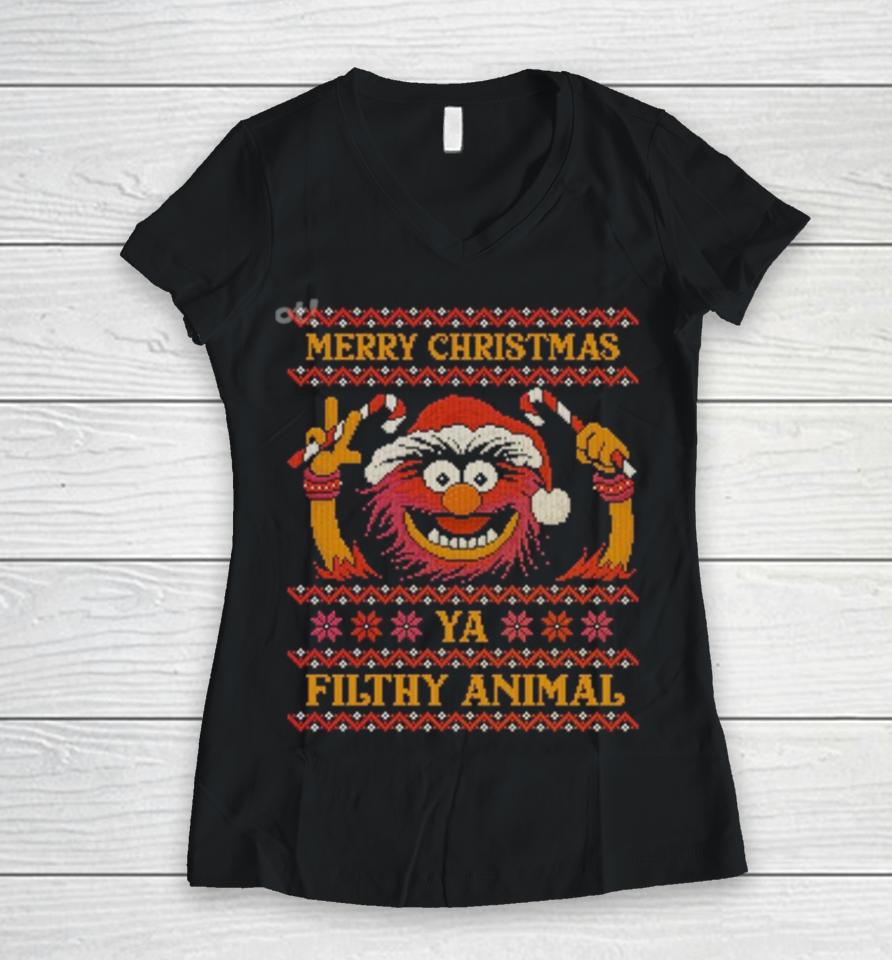 Muppet Merry Christmas Ya Filthy Animal Ugly Christmas Women V-Neck T-Shirt