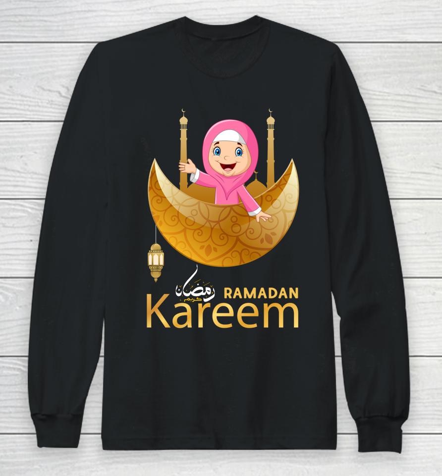 Muslim Hijabi Girl Fasting Ramadan Mubarak Kareem Long Sleeve T-Shirt