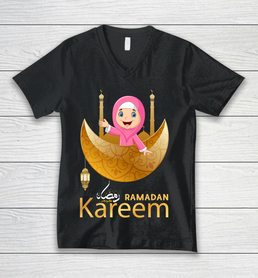Muslim Hijabi Girl Fasting Ramadan Mubarak Kareem Unisex V-Neck T-Shirt