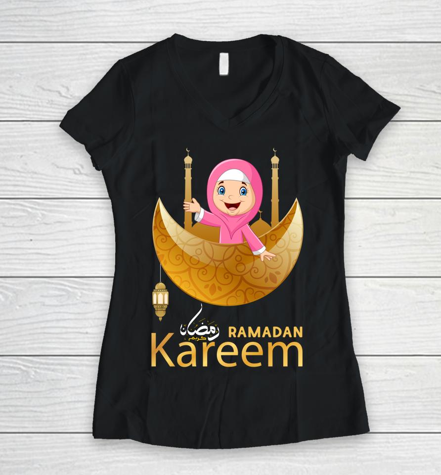 Muslim Hijabi Girl Fasting Ramadan Mubarak Kareem Women V-Neck T-Shirt