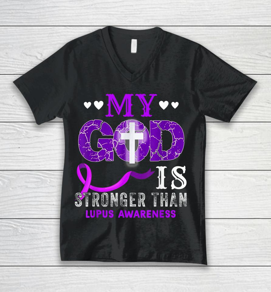 My God Is Stronger Than Lupus Awareness Month Purple Ribbon Unisex V-Neck T-Shirt