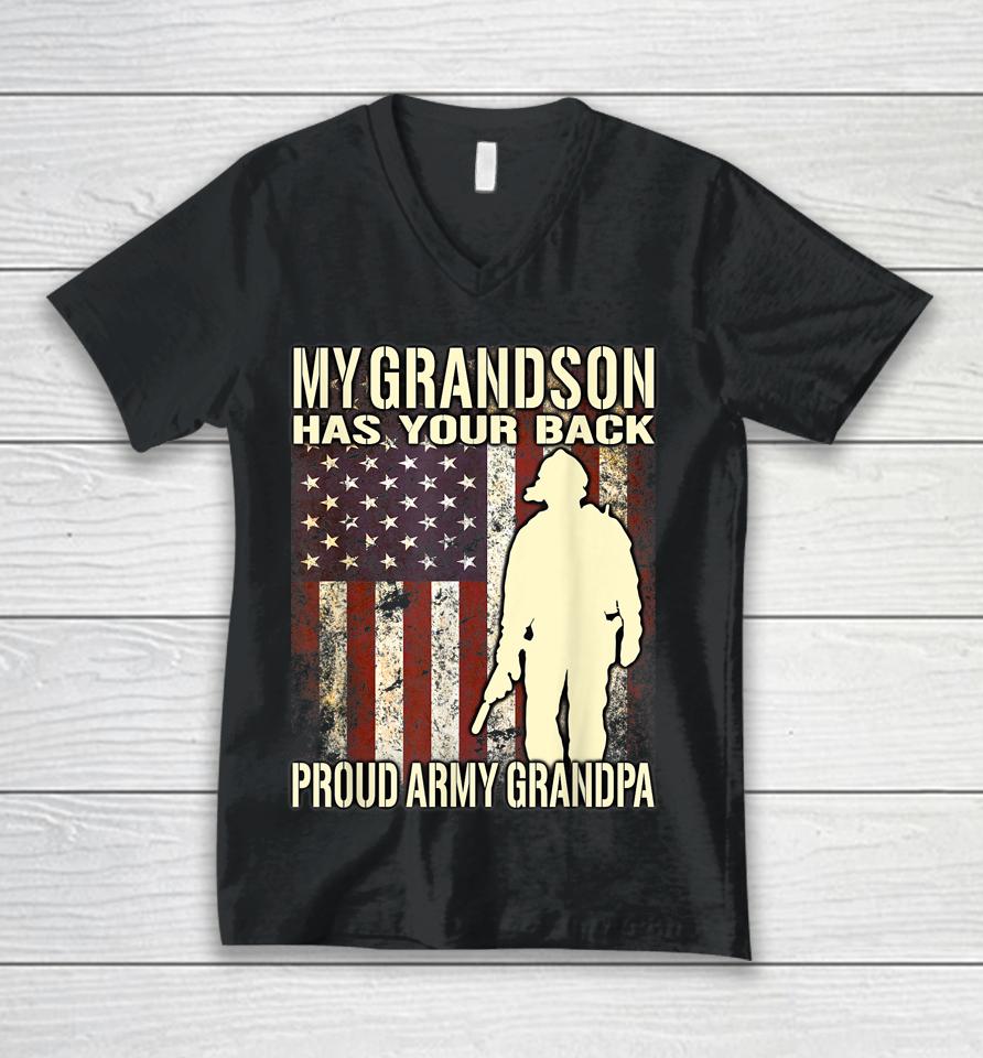 My Grandson Has Your Back Proud Army Grandpa Us Flag Unisex V-Neck T-Shirt