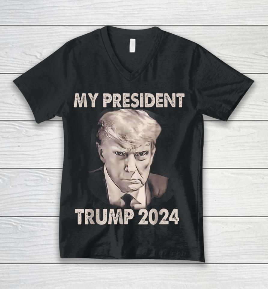 My President Trump 2024 Mug Shot Trump Funny President 2024 Unisex V-Neck T-Shirt