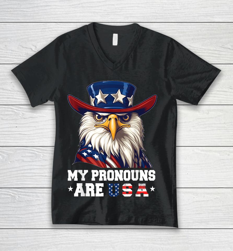 My Pronouns Are Usa Funny Eagle 4Th Of July American Unisex V-Neck T-Shirt