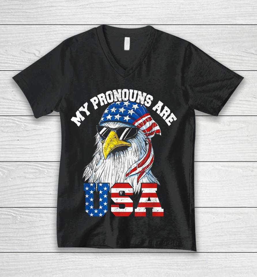 My Pronouns Are Usa Patriotic Eagle Funny 4Th Of July Unisex V-Neck T-Shirt