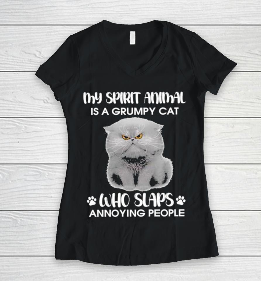 My Spirit Animal Is A Grumpy Cat Who Slaps Annoying People 2024 Women V-Neck T-Shirt