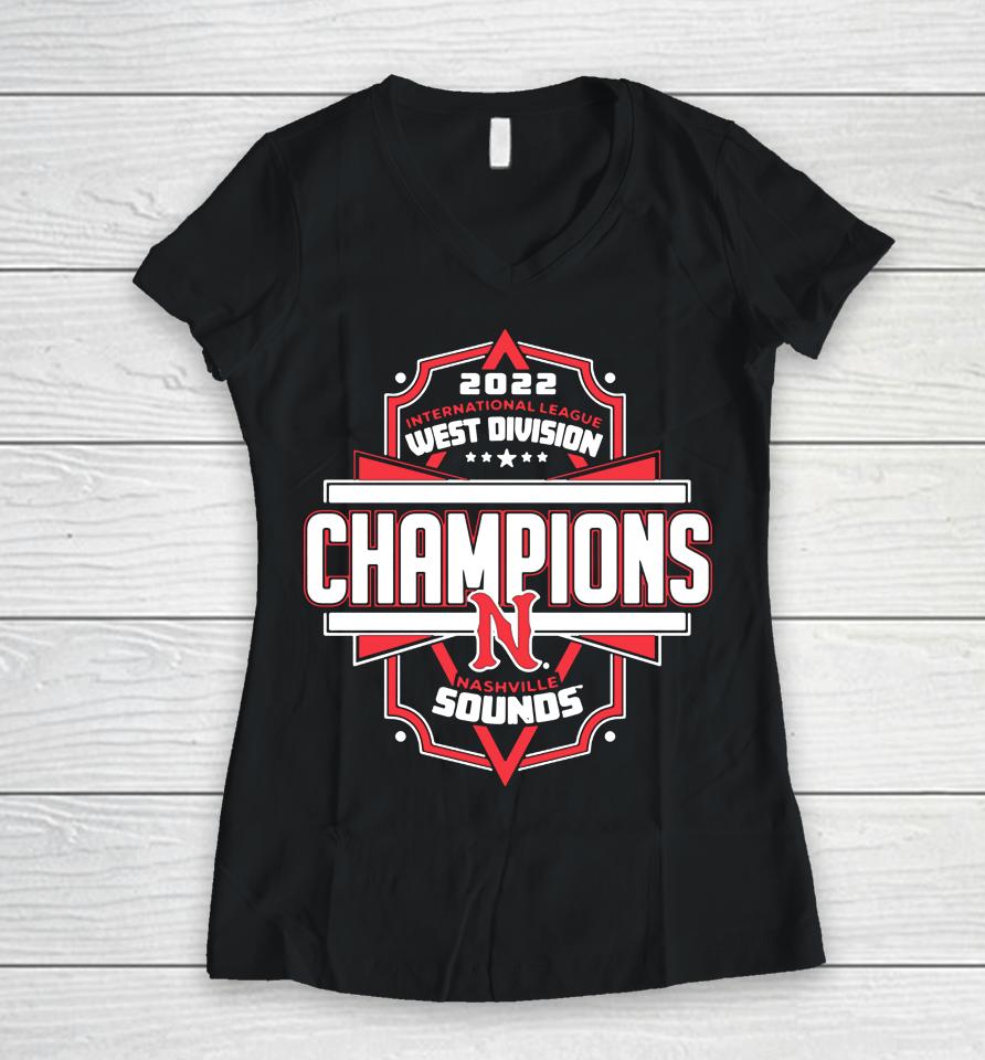 Nashville Sounds Delta 2022 International League West Division Champions Women V-Neck T-Shirt