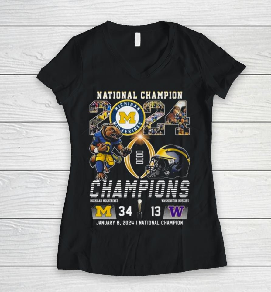 National Champion 2024 Michigan Wolverines Beat Washington Huskies Women V-Neck T-Shirt