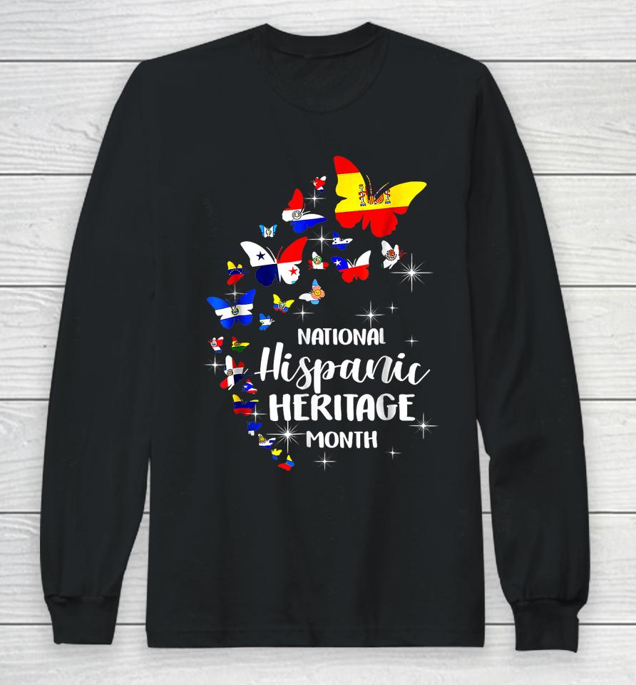 National Hispanic Heritage Month Butterfly Countries Flags Long Sleeve T-Shirt