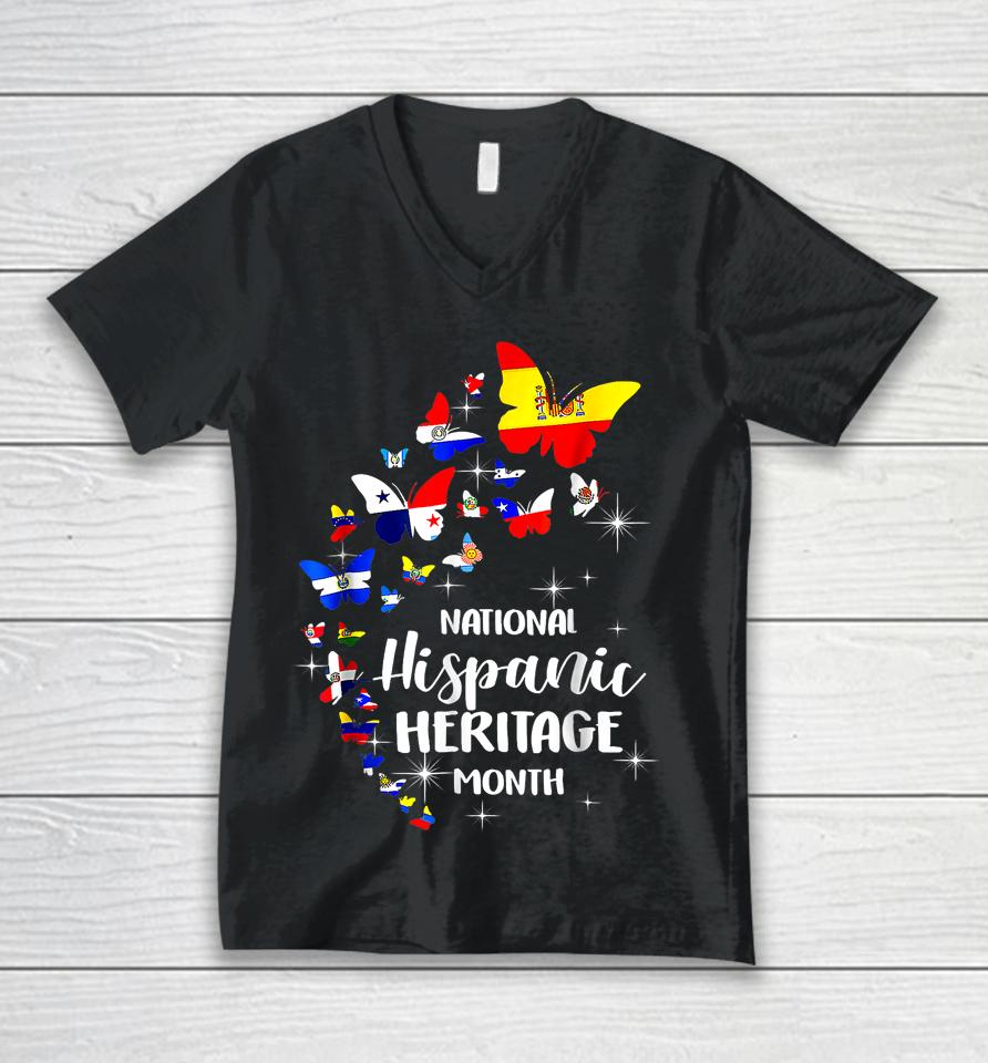 National Hispanic Heritage Month Butterfly Countries Flags Unisex V-Neck T-Shirt