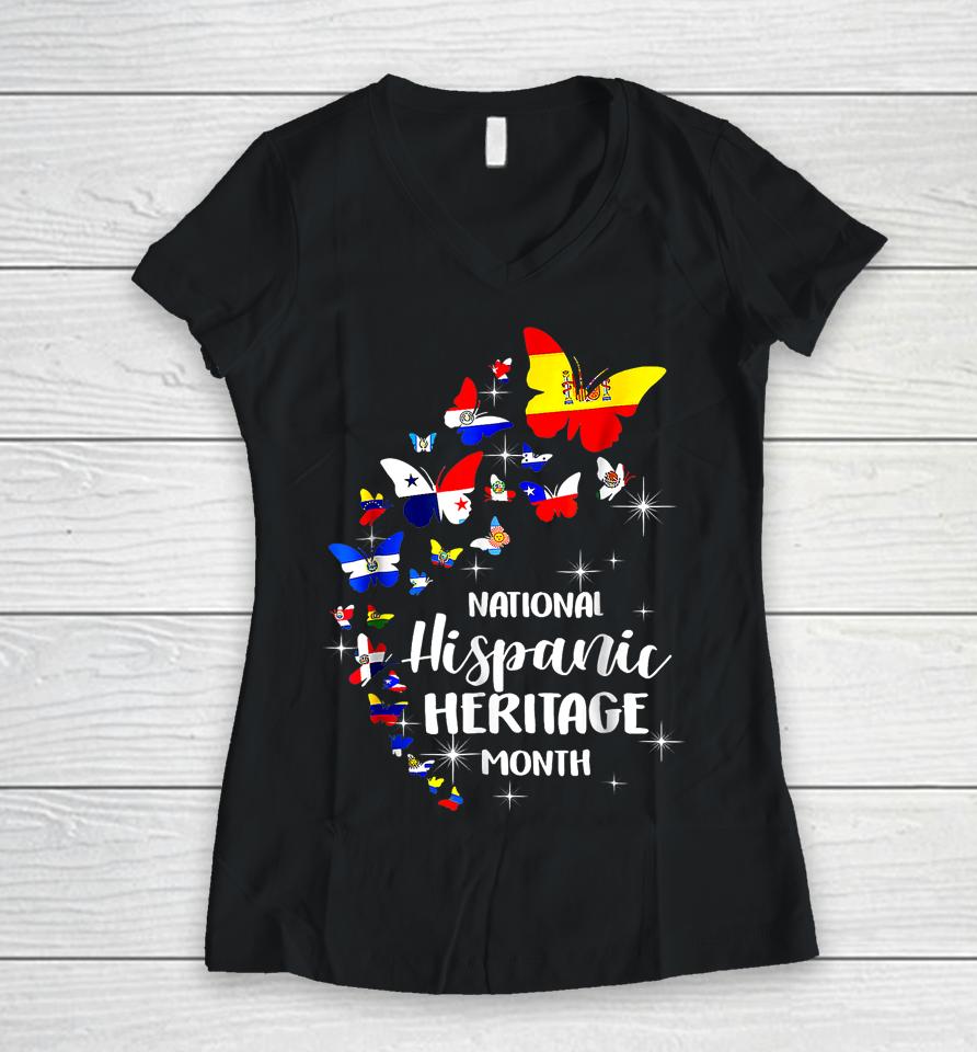 National Hispanic Heritage Month Butterfly Countries Flags Women V-Neck T-Shirt