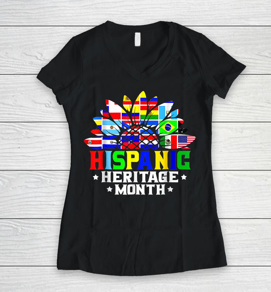 National Hispanic Heritage Month Decoration Flags Sunflower Women V-Neck T-Shirt