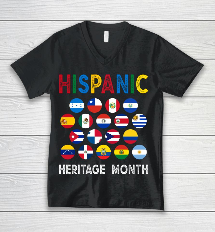 National Hispanic Heritage Month Latin Countries Flags Unisex V-Neck T-Shirt