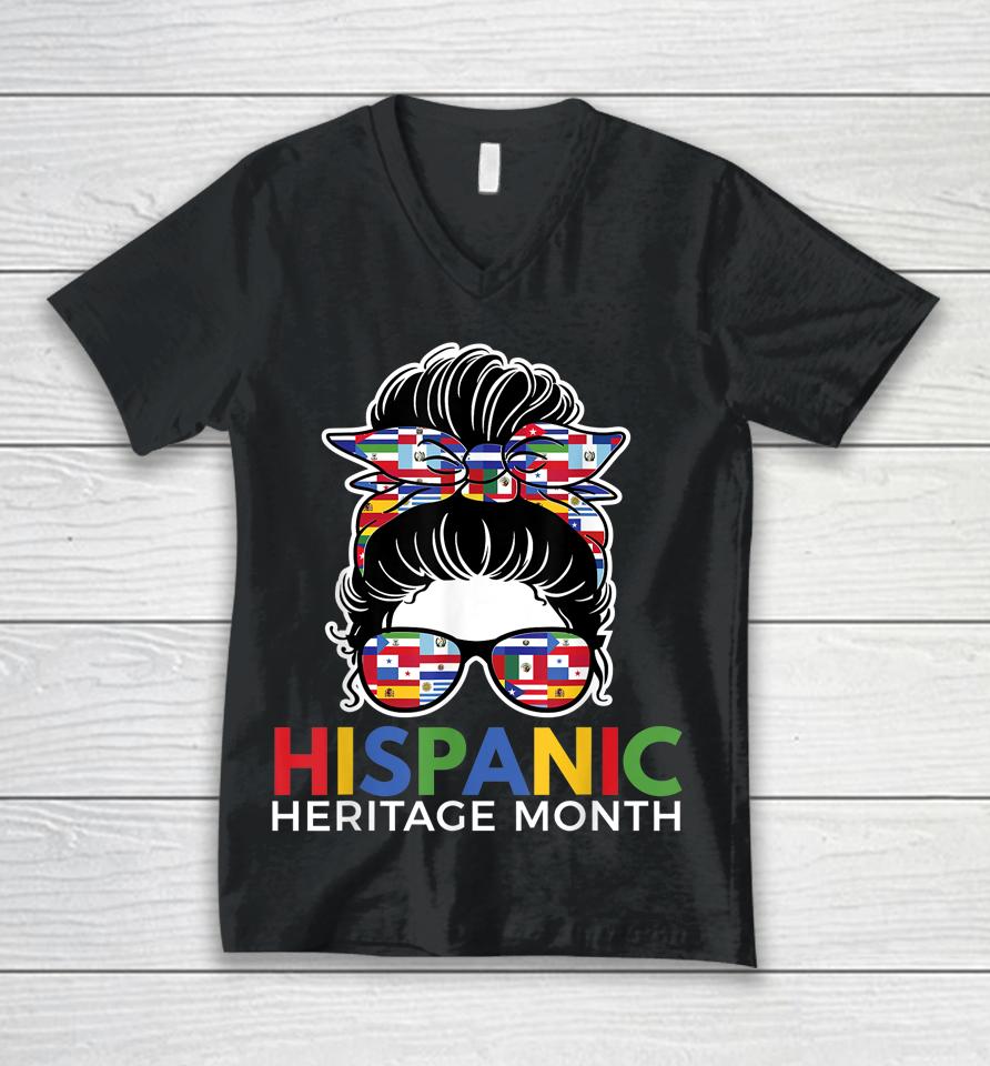 National Hispanic Heritage Month Latina Women Messy Bun Unisex V-Neck T-Shirt