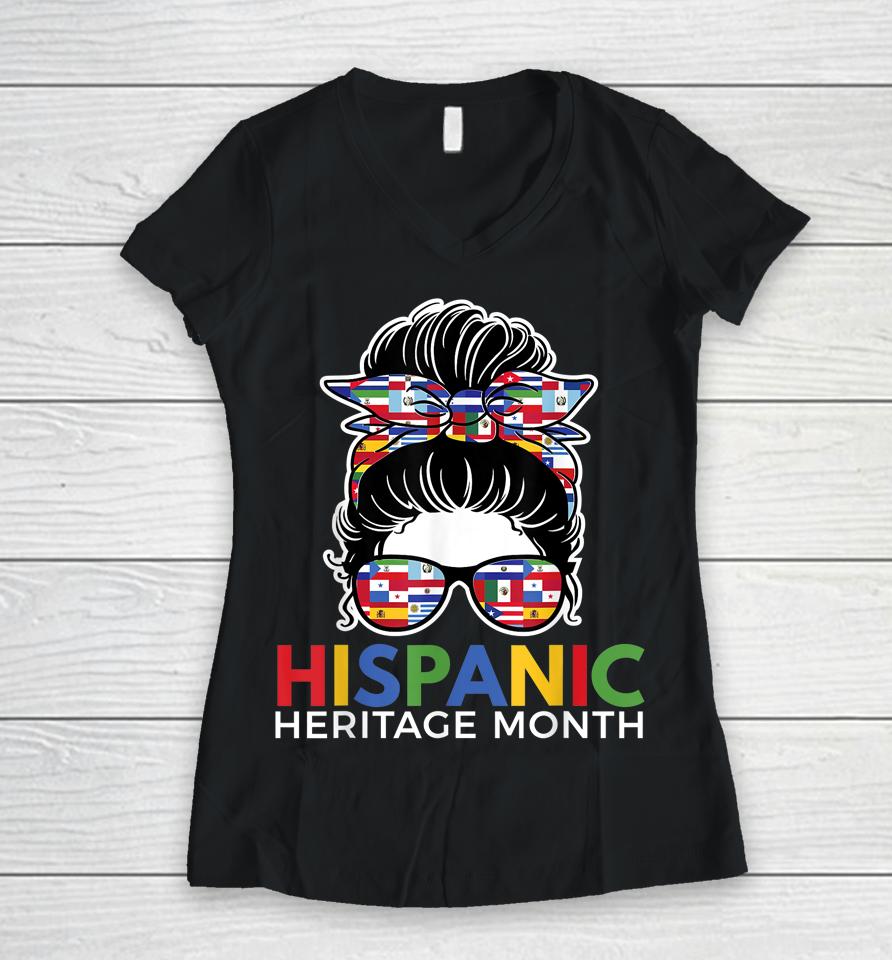 National Hispanic Heritage Month Latina Women Messy Bun Women V-Neck T-Shirt