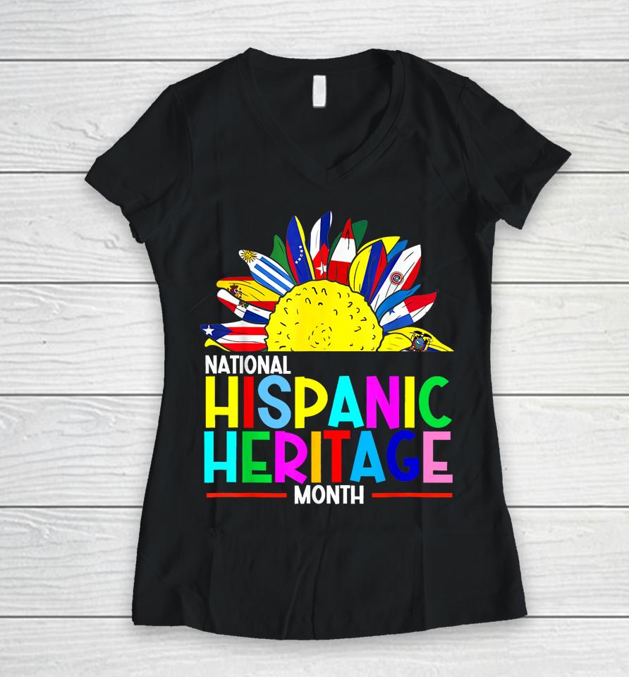 National Hispanic Heritage Month Latino Flags Sunflower Women V-Neck T-Shirt