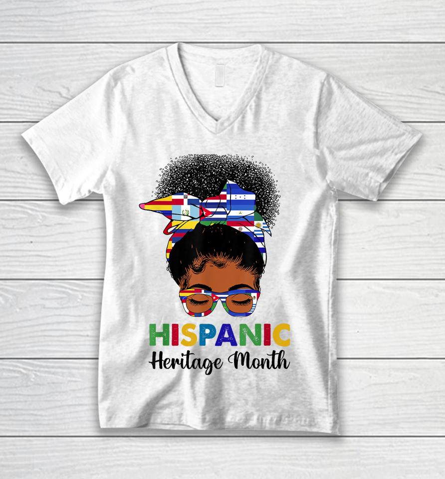 National Hispanic Heritage Month Messy Bun Latin Flags Unisex V-Neck T-Shirt