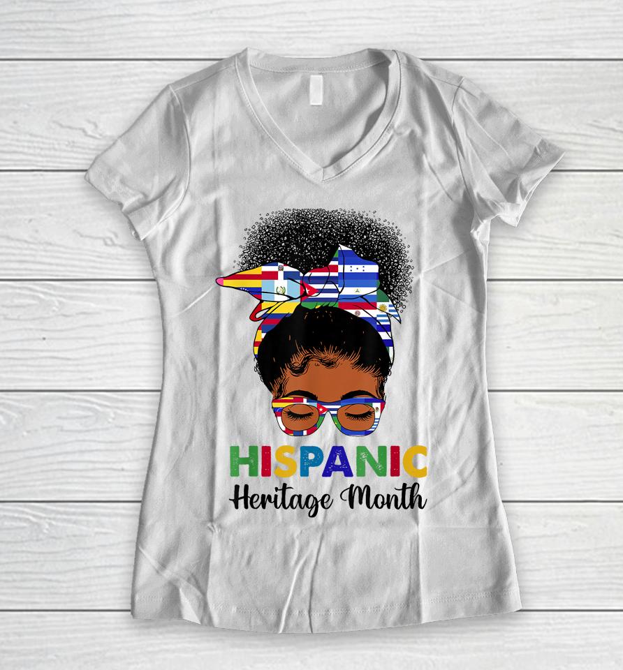 National Hispanic Heritage Month Messy Bun Latin Flags Women V-Neck T-Shirt
