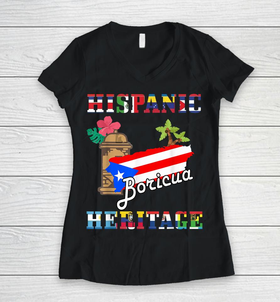 National Hispanic Heritage Month Puerto Rico Flag Boricua Women V-Neck T-Shirt