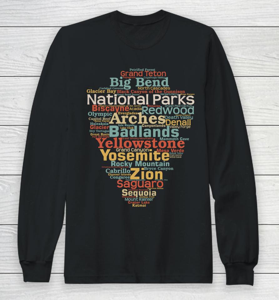 National Parks List Word Cloud Camping Hiking Long Sleeve T-Shirt