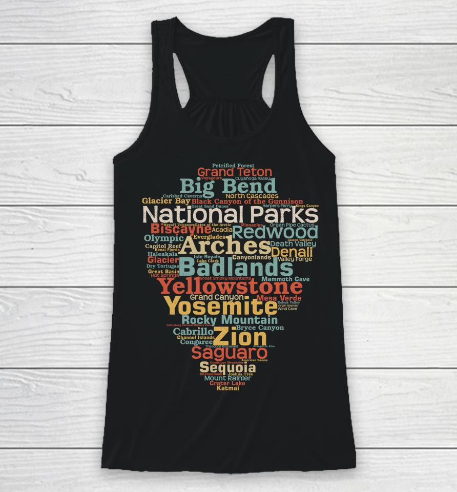 National Parks List Word Cloud Camping Hiking Racerback Tank