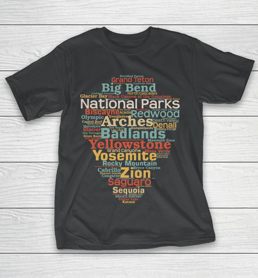 National Parks List Word Cloud Camping Hiking T-Shirt