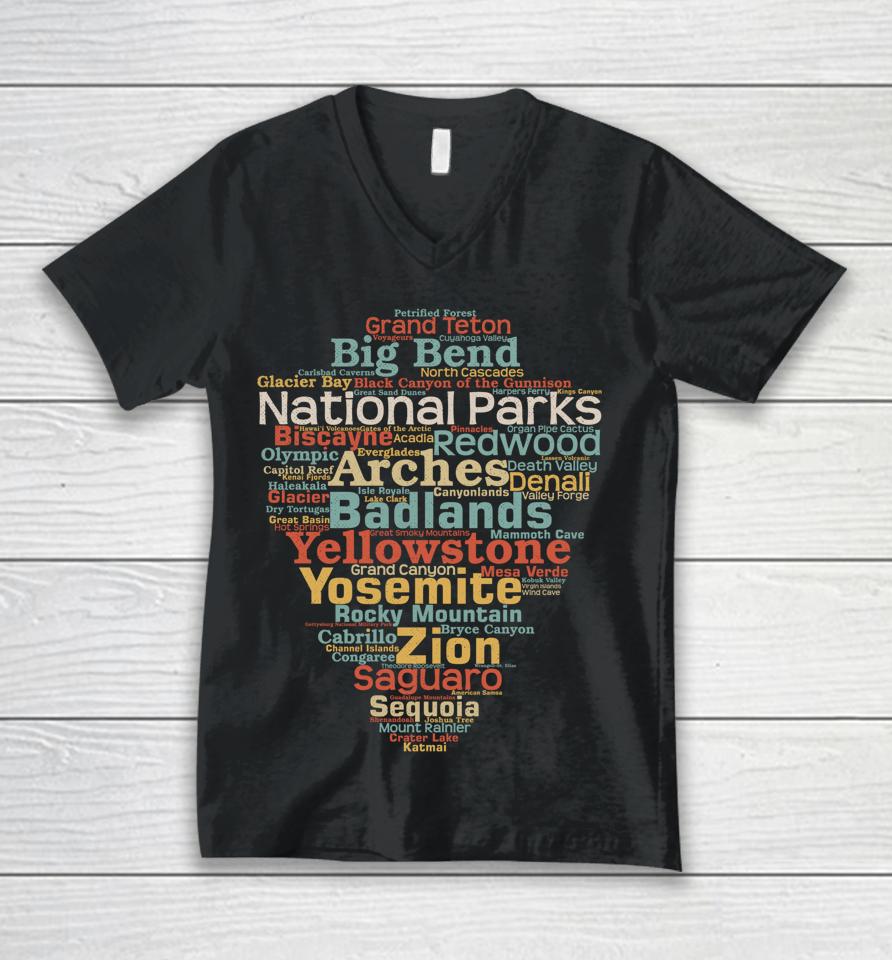 National Parks List Word Cloud Camping Hiking Unisex V-Neck T-Shirt