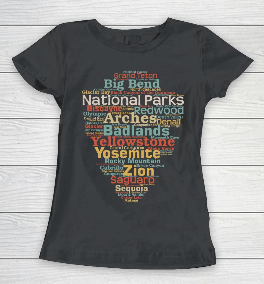 National Parks List Word Cloud Camping Hiking Women T-Shirt