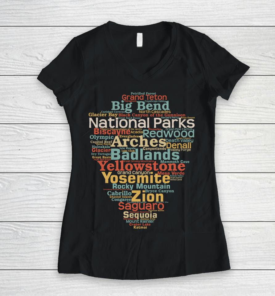 National Parks List Word Cloud Camping Hiking Women V-Neck T-Shirt
