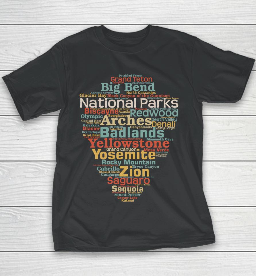 National Parks List Word Cloud Camping Hiking Youth T-Shirt