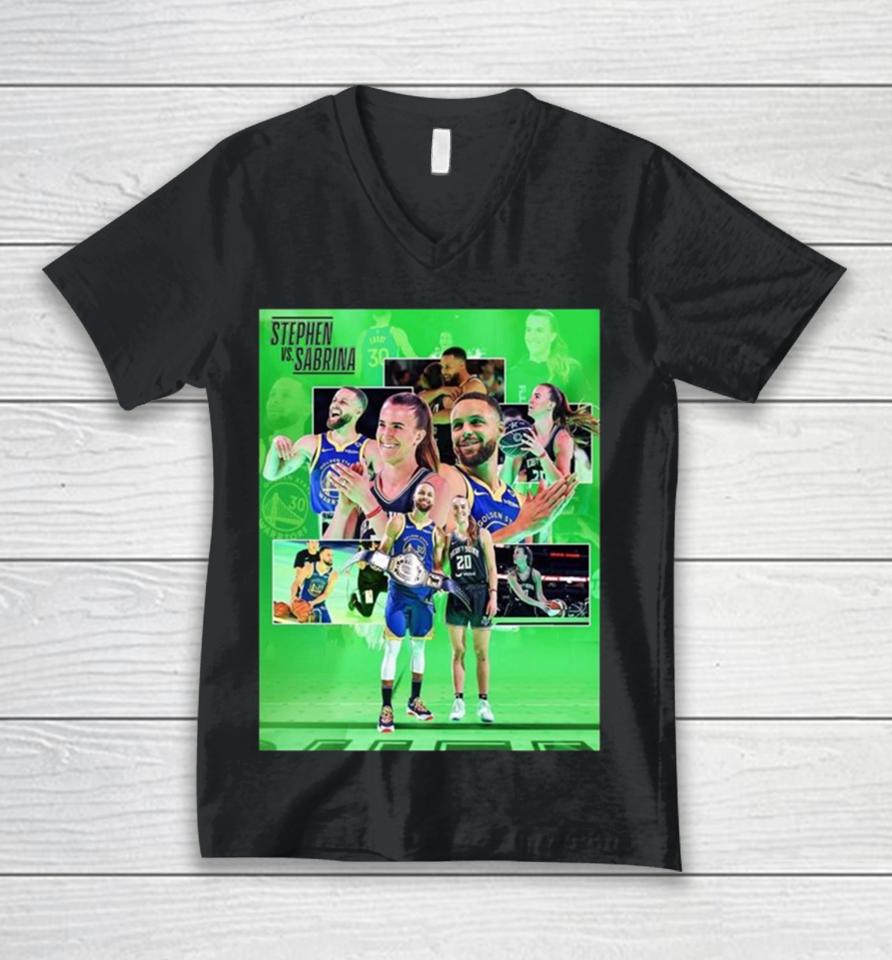 Nba Versus Wnba Stephen Curry Versus Sabrina Ionescu Was One For The Books On State Farm Saturday Nba All Star 2024 Unisex V-Neck T-Shirt