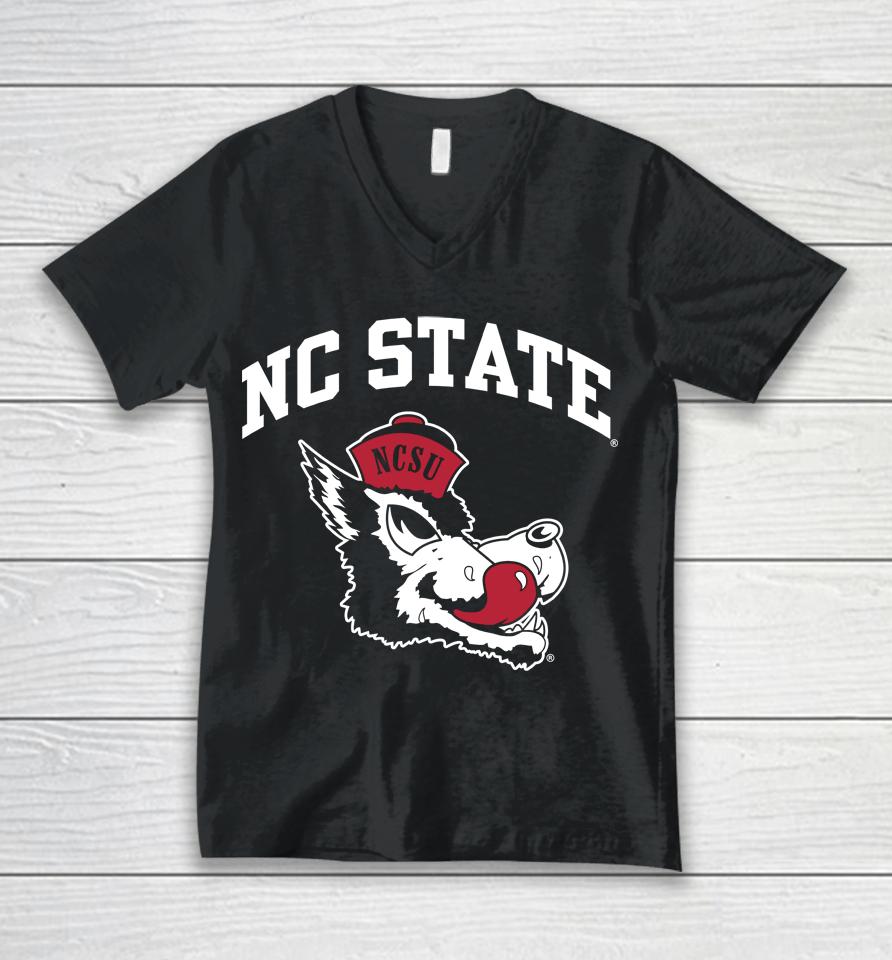 Nc State Over Slobbering Wolf Nc State Wolfpack Arched Unisex V-Neck T-Shirt