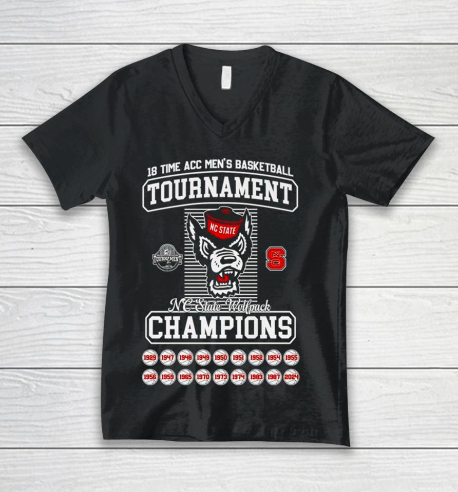 Nc State Wolf 2024 18 Time Acc Men’s Basketball Tournament Champions Unisex V-Neck T-Shirt