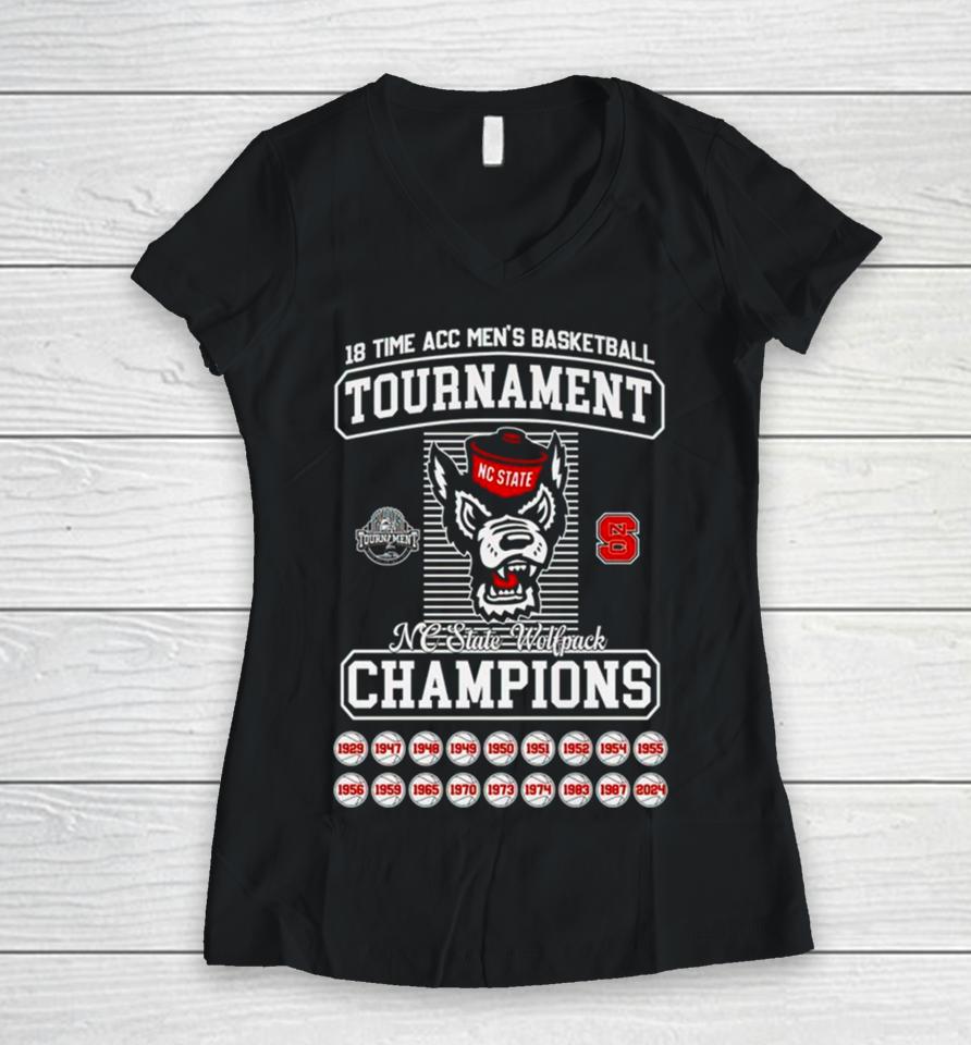 Nc State Wolf 2024 18 Time Acc Men’s Basketball Tournament Champions Women V-Neck T-Shirt