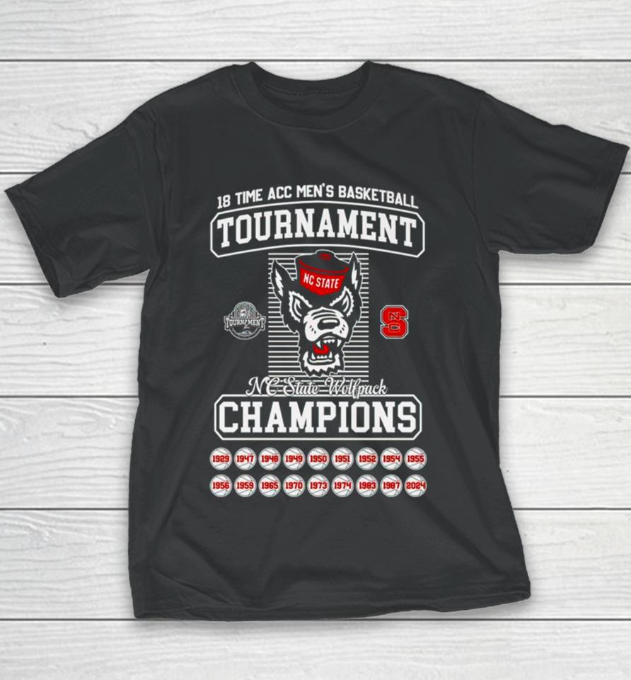 Nc State Wolf 2024 18 Time Acc Men’s Basketball Tournament Champions Youth T-Shirt