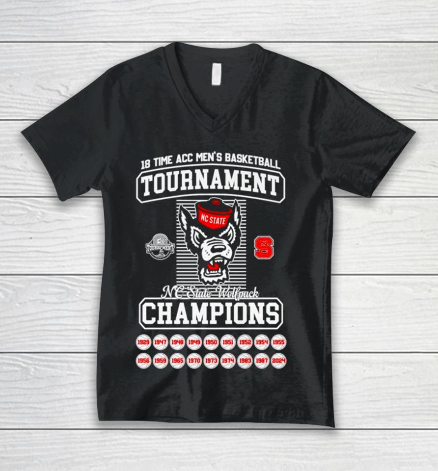 Nc State Wolfpack 2024 18 Time Acc Men’s Basketball Tournament Champions Unisex V-Neck T-Shirt