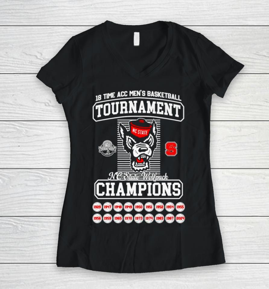 Nc State Wolfpack 2024 18 Time Acc Men’s Basketball Tournament Champions Women V-Neck T-Shirt