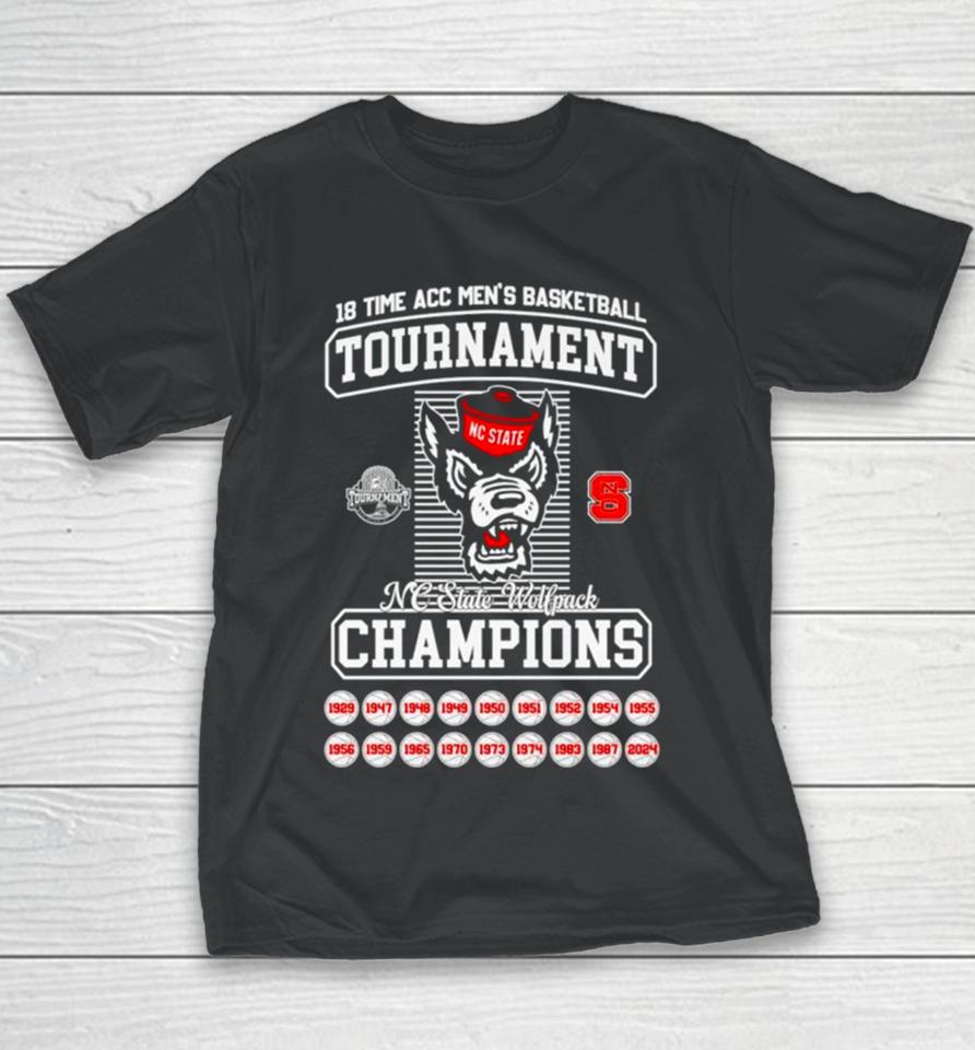 Nc State Wolfpack 2024 18 Time Acc Men’s Basketball Tournament Champions Youth T-Shirt