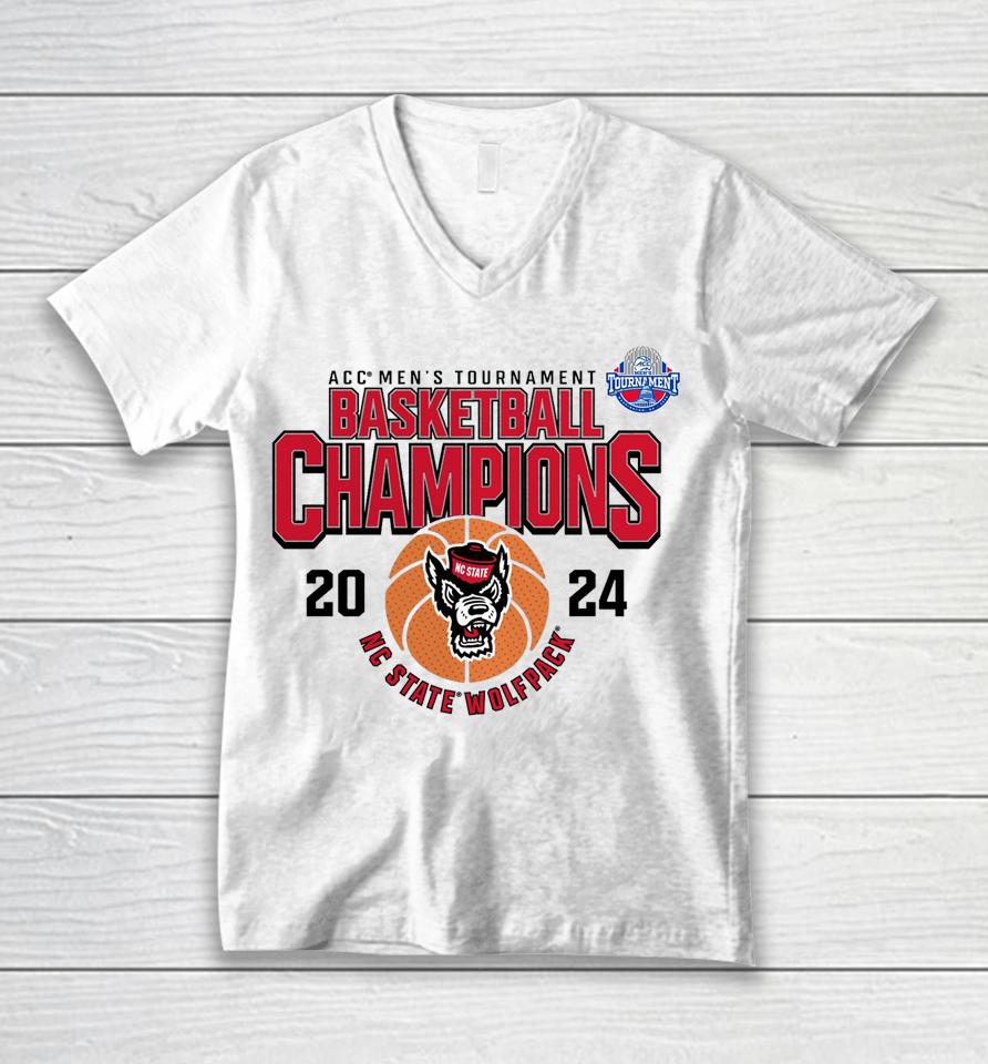 Nc State Wolfpack 2024 Acc Men's Basketball Conference Tournament Champions Unisex V-Neck T-Shirt