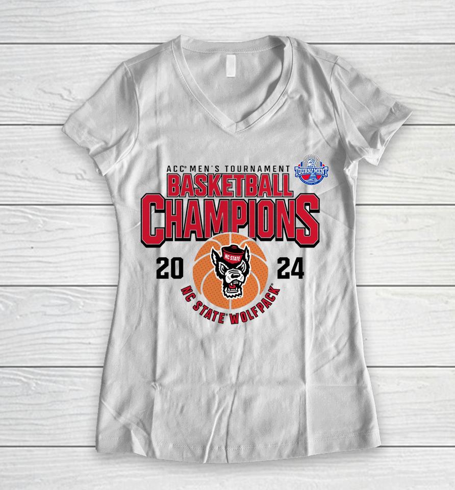 Nc State Wolfpack 2024 Acc Men's Basketball Conference Tournament Champions Women V-Neck T-Shirt