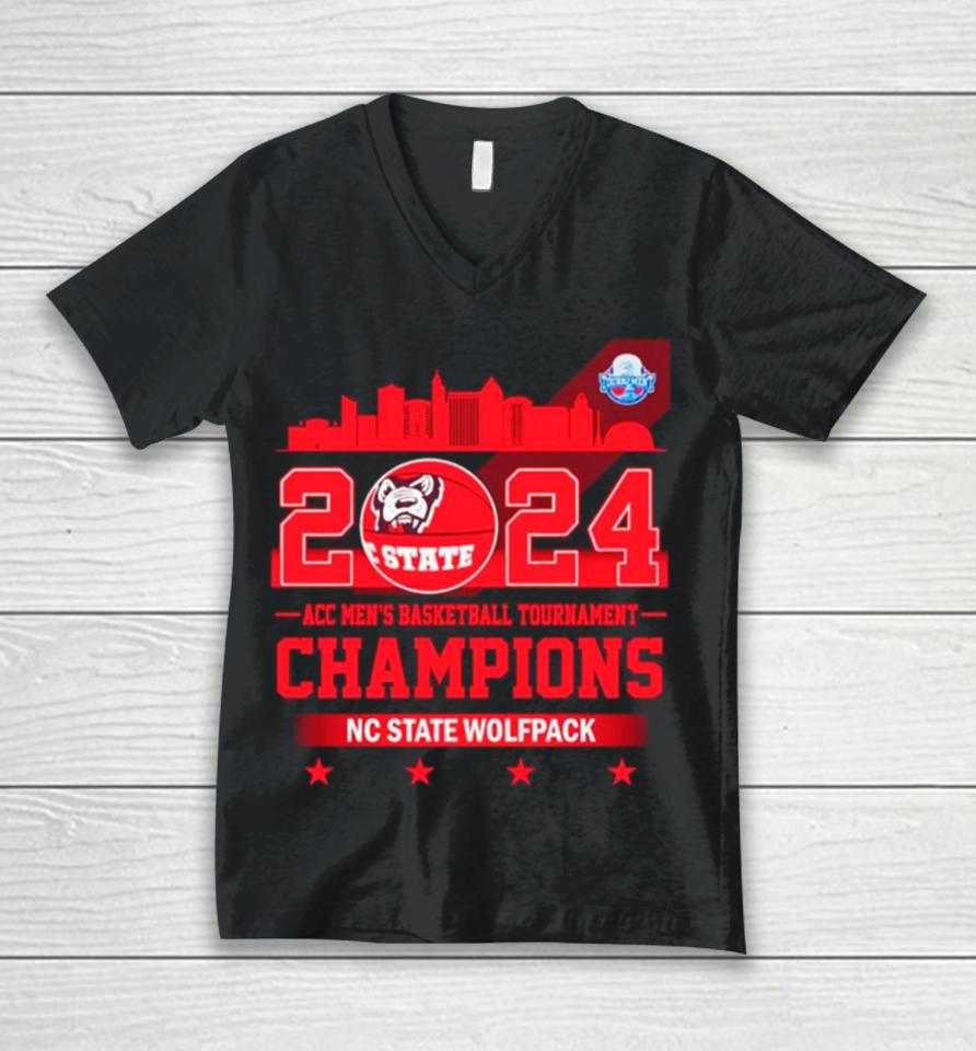 Nc State Wolfpack 2024 Acc Men’s Basketball Tournament Champions Skyline Unisex V-Neck T-Shirt