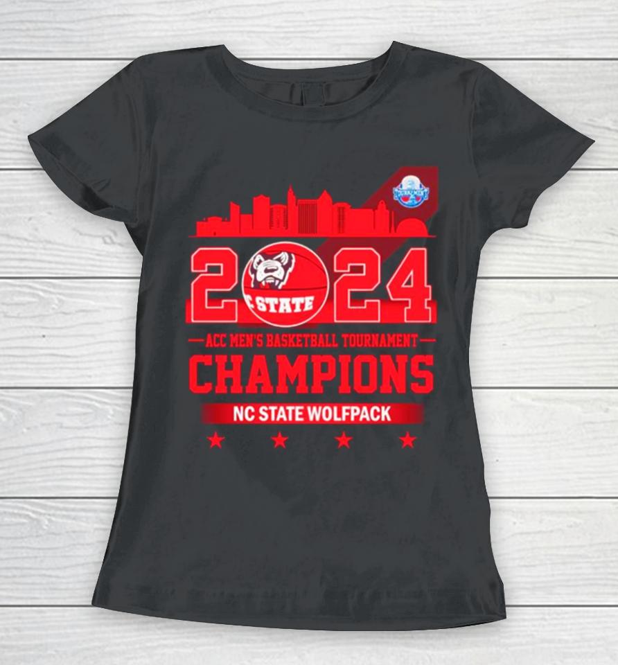 Nc State Wolfpack 2024 Acc Men’s Basketball Tournament Champions Skyline Women T-Shirt